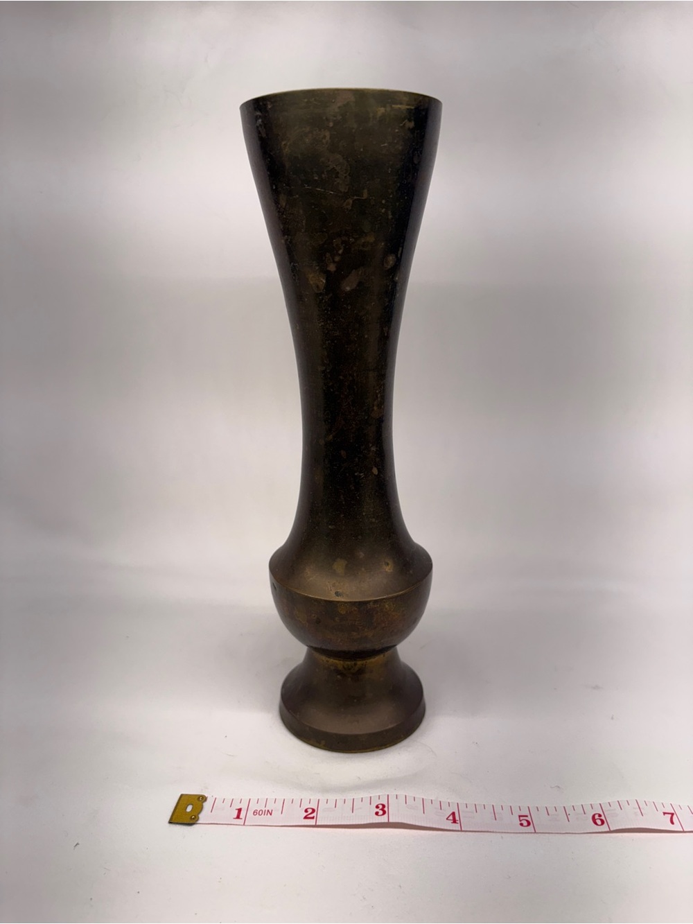Vintage Solid Brass Trumpet Bud Vase Pedestal Footed Heavy Aged Patina 7"